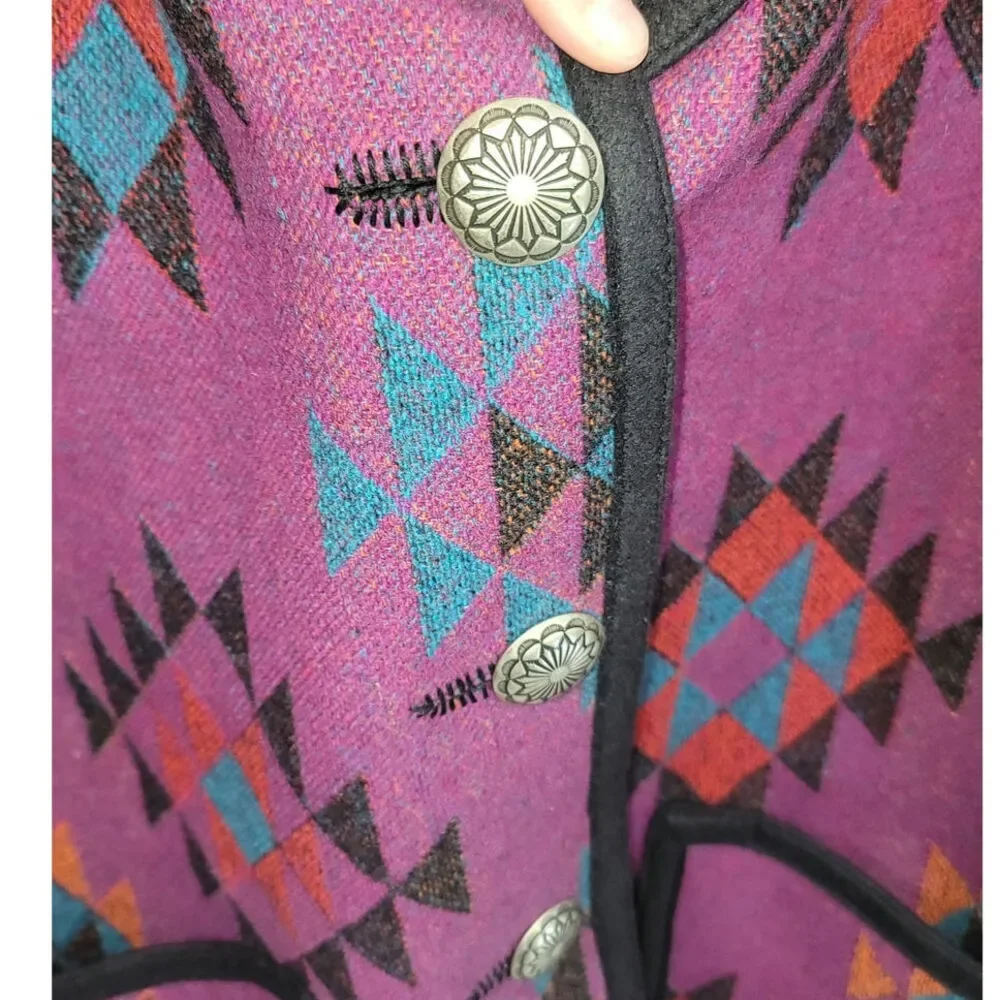 VINTAGE WOOL BLEND AZTEC PRINT BUTTON UP JACKET W FRINGE DETAIL, SZ LARGE